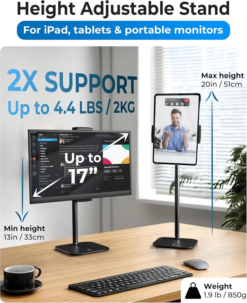 cooper TabStand, 20" Tall iPad Stand for Desk, Portable Monitor Holder up to 17" Holds 4.4lb, Desktop Tablet Stand, Tablet Mount, Apple iPad Holder for Desk, for Samsung, Kindle, Fire (Night Black) - Image 2